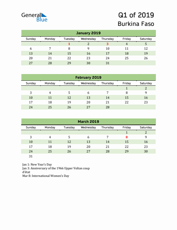 Quarterly Calendar 2019 with Burkina Faso Holidays