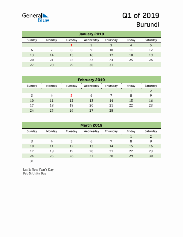 Quarterly Calendar 2019 with Burundi Holidays