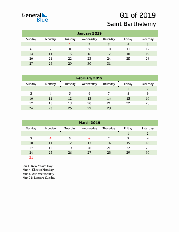 Quarterly Calendar 2019 with Saint Barthelemy Holidays