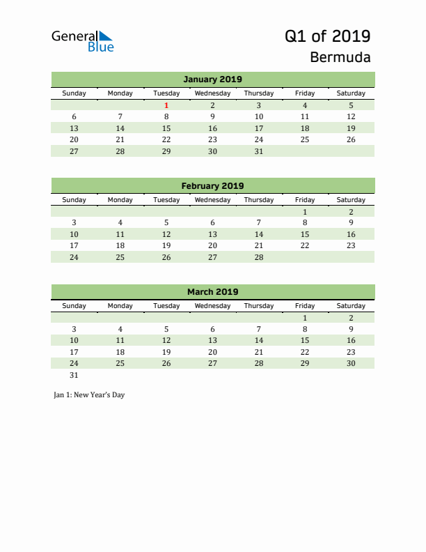 Quarterly Calendar 2019 with Bermuda Holidays