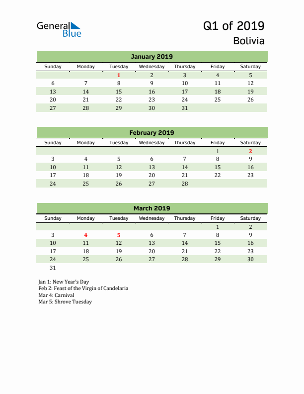 Quarterly Calendar 2019 with Bolivia Holidays