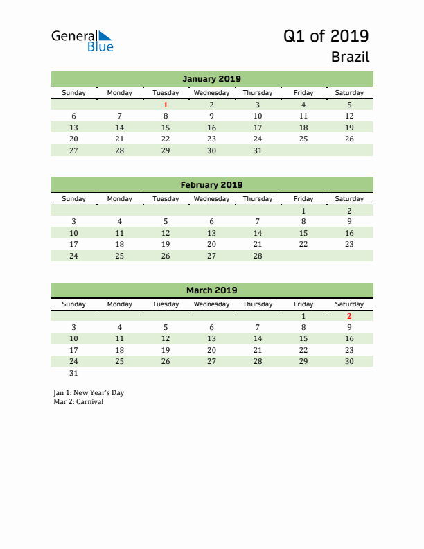 Quarterly Calendar 2019 with Brazil Holidays