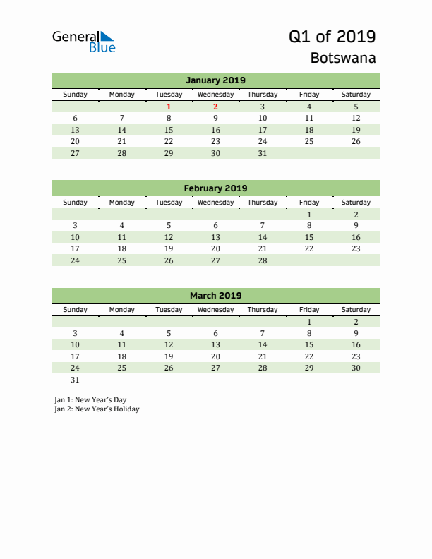 Quarterly Calendar 2019 with Botswana Holidays