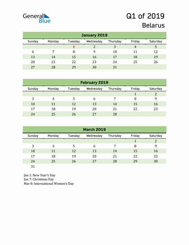 Quarterly Calendar 2019 with Belarus Holidays