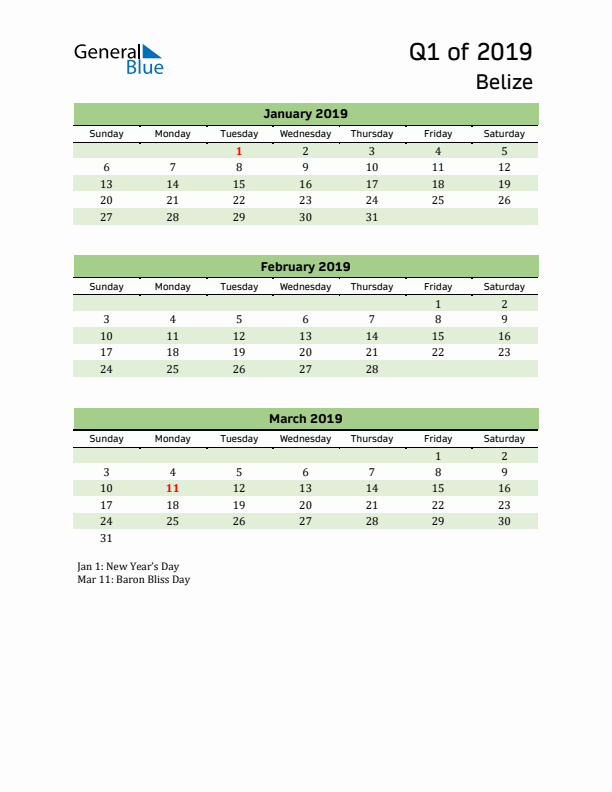 Quarterly Calendar 2019 with Belize Holidays