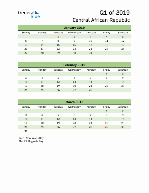 Quarterly Calendar 2019 with Central African Republic Holidays