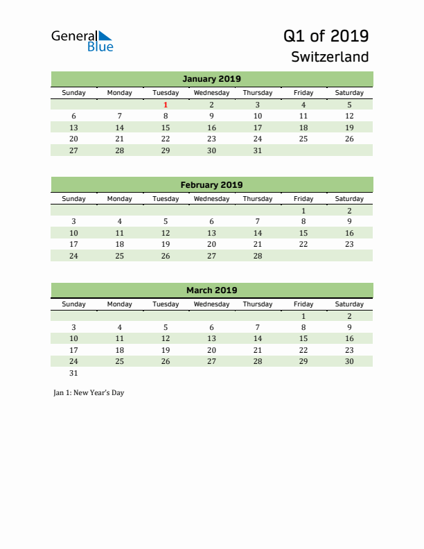 Quarterly Calendar 2019 with Switzerland Holidays