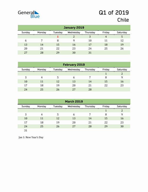 Quarterly Calendar 2019 with Chile Holidays