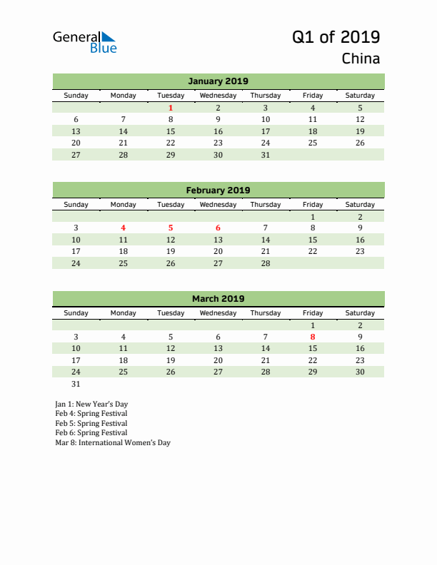 Quarterly Calendar 2019 with China Holidays