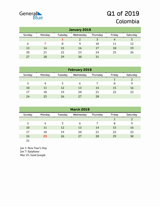 Quarterly Calendar 2019 with Colombia Holidays