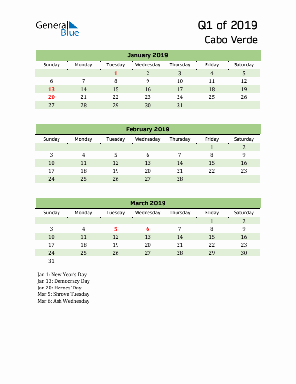 Quarterly Calendar 2019 with Cabo Verde Holidays