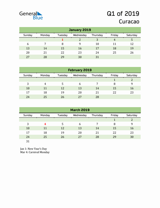 Quarterly Calendar 2019 with Curacao Holidays