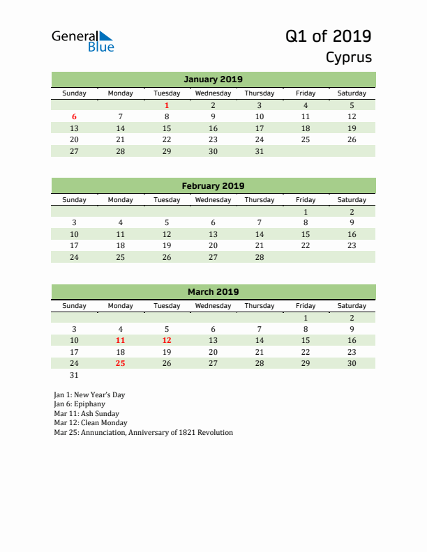 Quarterly Calendar 2019 with Cyprus Holidays