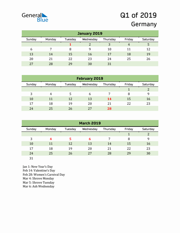 Quarterly Calendar 2019 with Germany Holidays