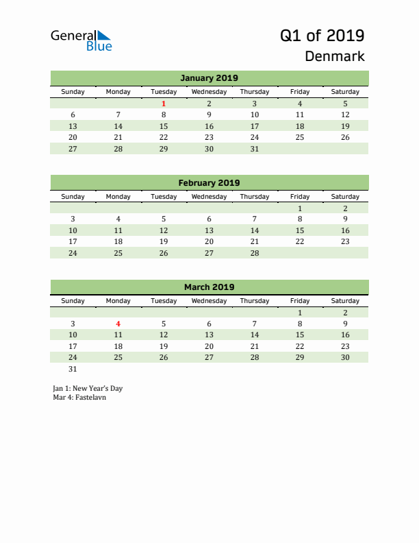 Quarterly Calendar 2019 with Denmark Holidays