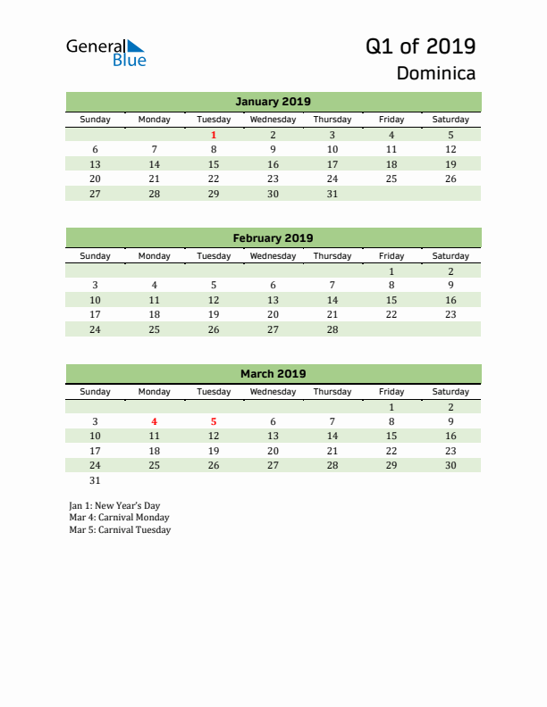 Quarterly Calendar 2019 with Dominica Holidays