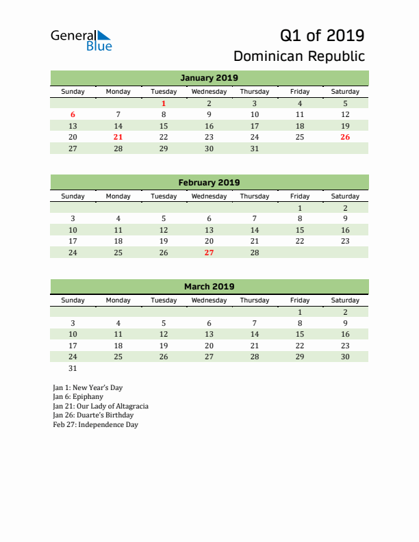 Quarterly Calendar 2019 with Dominican Republic Holidays