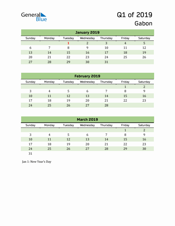 Quarterly Calendar 2019 with Gabon Holidays