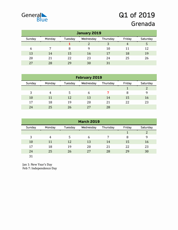 Quarterly Calendar 2019 with Grenada Holidays