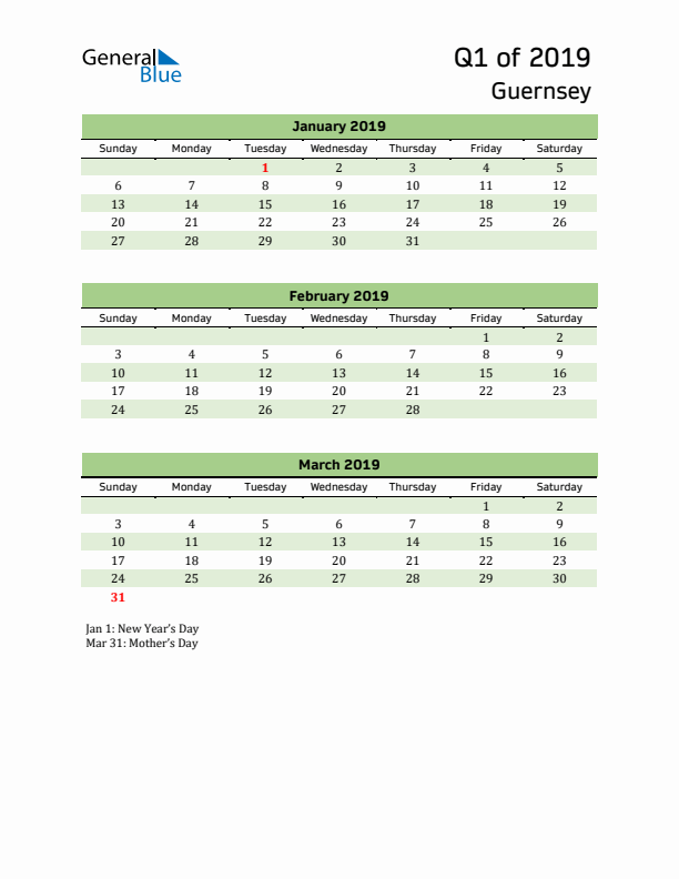 Quarterly Calendar 2019 with Guernsey Holidays