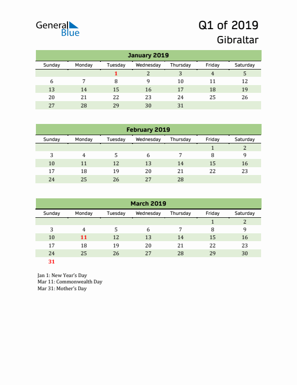 Quarterly Calendar 2019 with Gibraltar Holidays