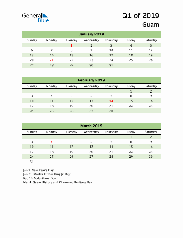 Quarterly Calendar 2019 with Guam Holidays