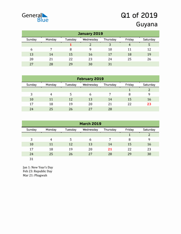 Quarterly Calendar 2019 with Guyana Holidays