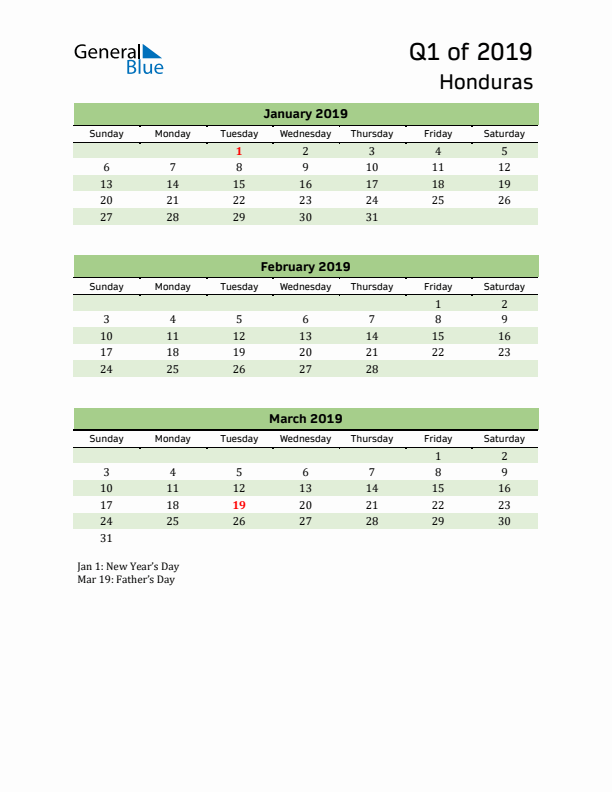 Quarterly Calendar 2019 with Honduras Holidays