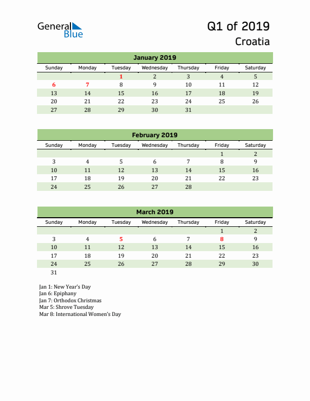 Quarterly Calendar 2019 with Croatia Holidays