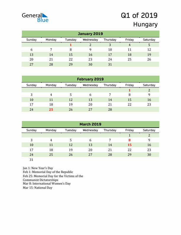 Quarterly Calendar 2019 with Hungary Holidays