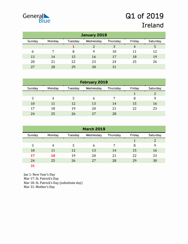 Quarterly Calendar 2019 with Ireland Holidays