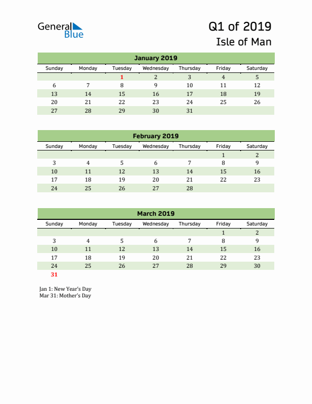 Quarterly Calendar 2019 with Isle of Man Holidays