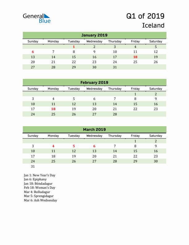 Quarterly Calendar 2019 with Iceland Holidays