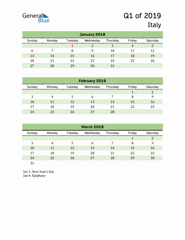 Quarterly Calendar 2019 with Italy Holidays