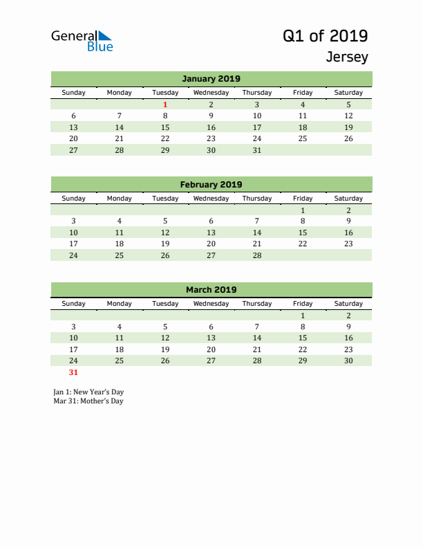 Quarterly Calendar 2019 with Jersey Holidays