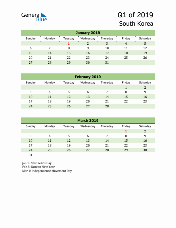 Quarterly Calendar 2019 with South Korea Holidays