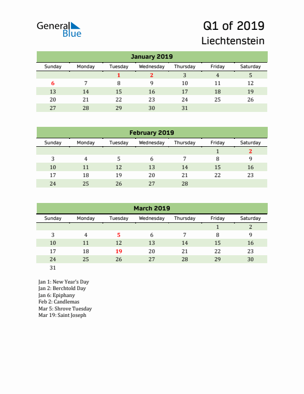 Quarterly Calendar 2019 with Liechtenstein Holidays