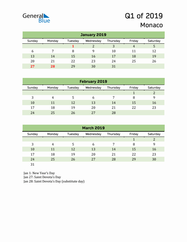 Quarterly Calendar 2019 with Monaco Holidays