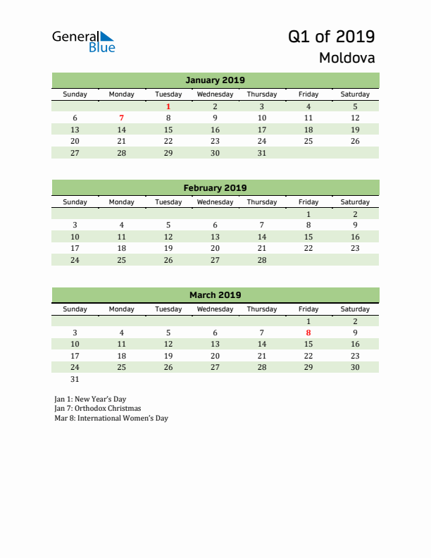 Quarterly Calendar 2019 with Moldova Holidays