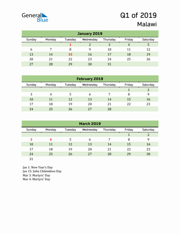 Quarterly Calendar 2019 with Malawi Holidays