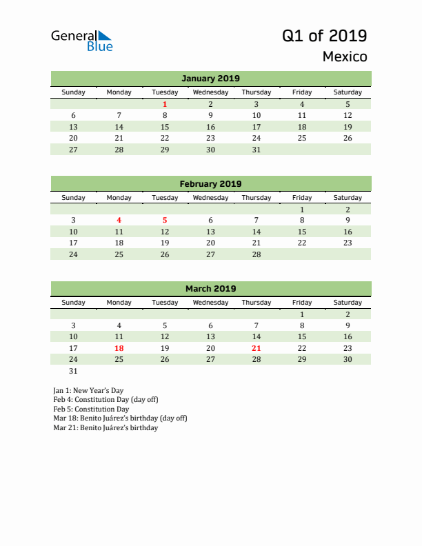 Quarterly Calendar 2019 with Mexico Holidays