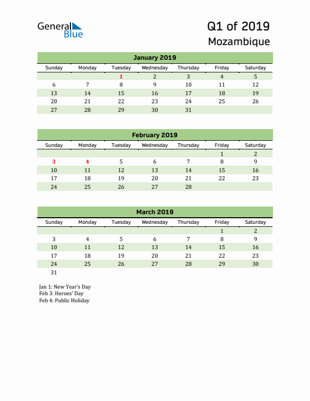 Quarterly Calendar 2019 with Mozambique Holidays