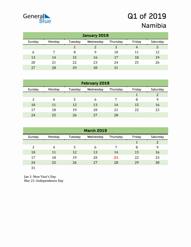 Quarterly Calendar 2019 with Namibia Holidays