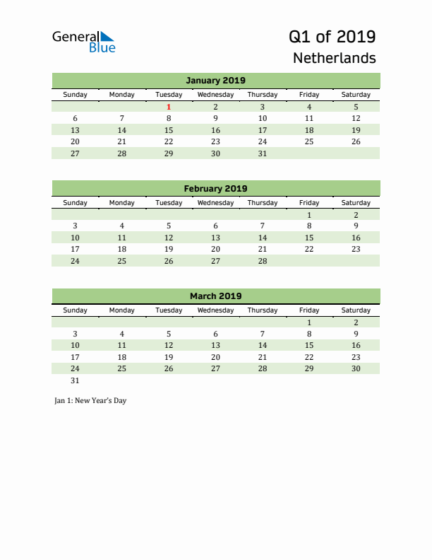 Quarterly Calendar 2019 with The Netherlands Holidays