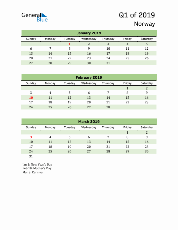 Quarterly Calendar 2019 with Norway Holidays