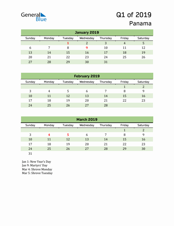 Quarterly Calendar 2019 with Panama Holidays