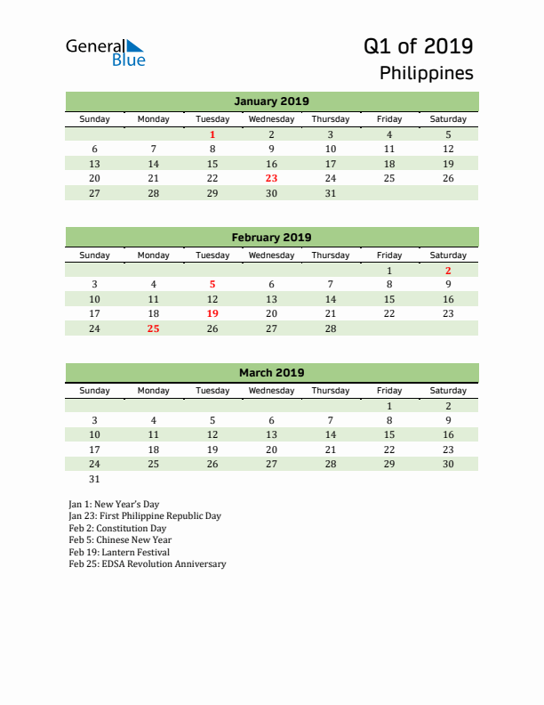 Quarterly Calendar 2019 with Philippines Holidays