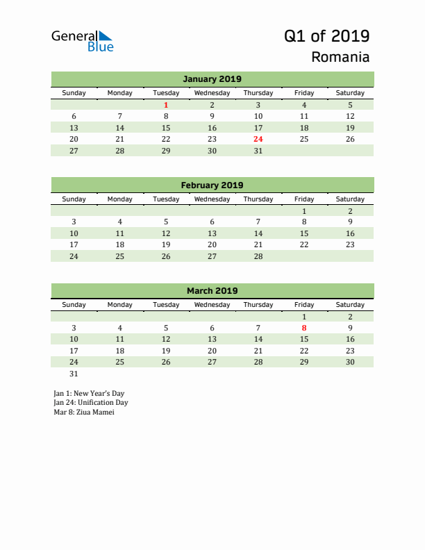 Quarterly Calendar 2019 with Romania Holidays