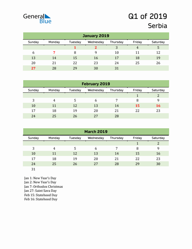 Quarterly Calendar 2019 with Serbia Holidays