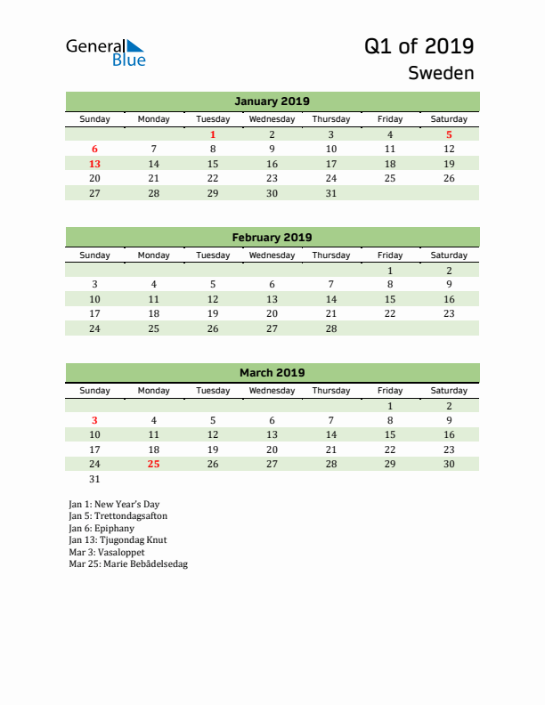 Quarterly Calendar 2019 with Sweden Holidays